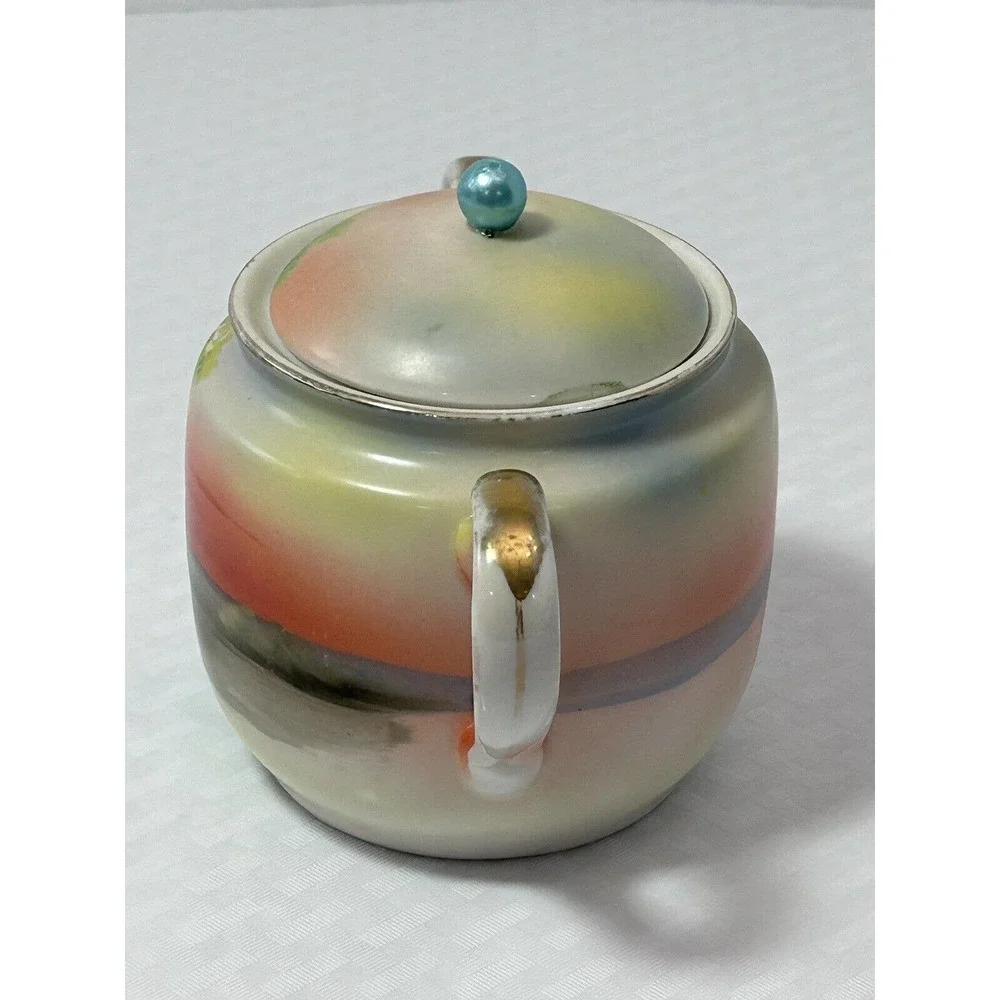 Noritake Hand Painted Vintage Sugar Bowl W/Lid Lake Scene Sunset W/ Swan‎